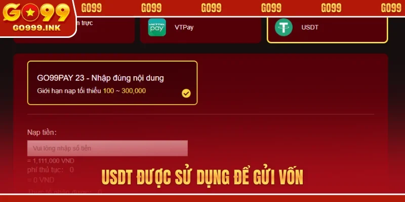 USDT được sử dụng để gửi vốn
